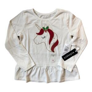 Kidtopia Cream Christmas Holiday Shirt Top Unicorn Ruffle Girl's Size 5 NWT